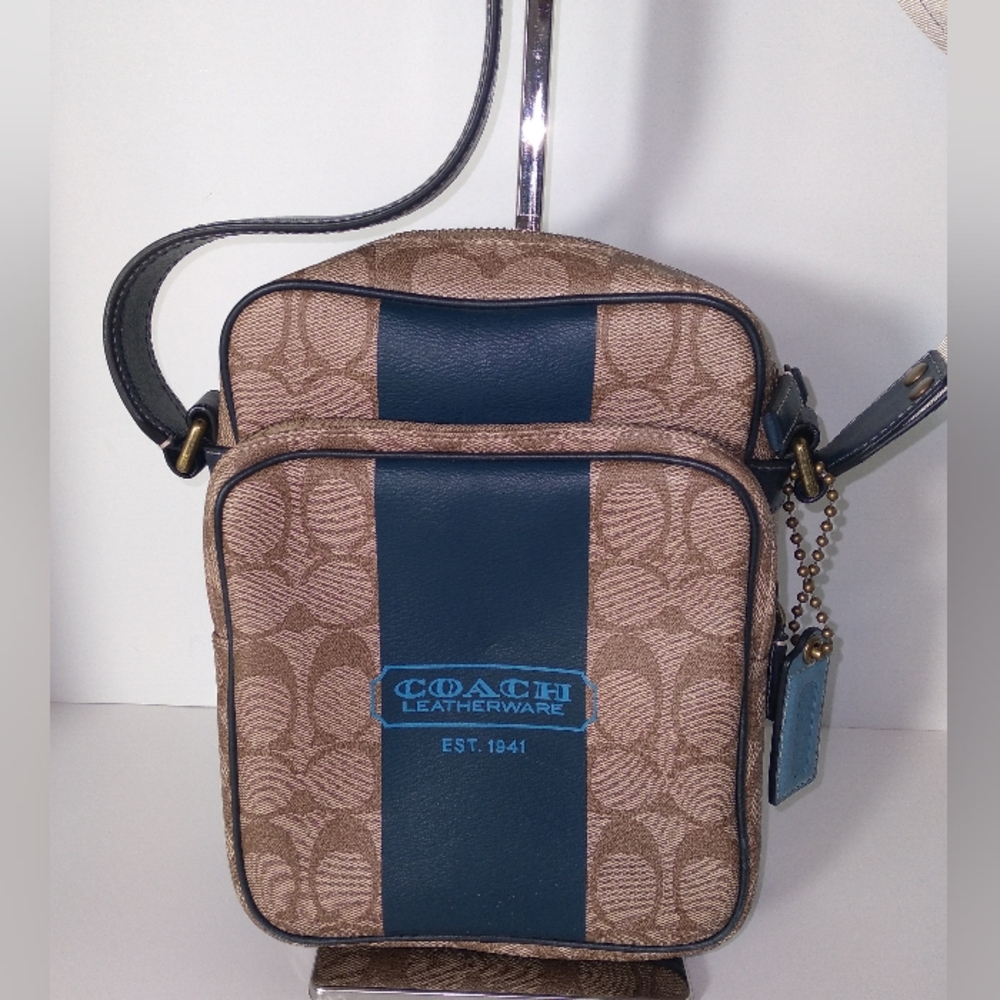 Authentic Coach Heritage Signature Blue Stripe Leatherware Crossbody Bag